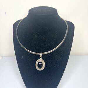 Art Deco Silver Toned Accordion Necklace with Glass Stone Pendant